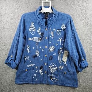 NEW‎ Ali Miles Tunic Shirt Top Women Large Sealife Print Button Up Blue